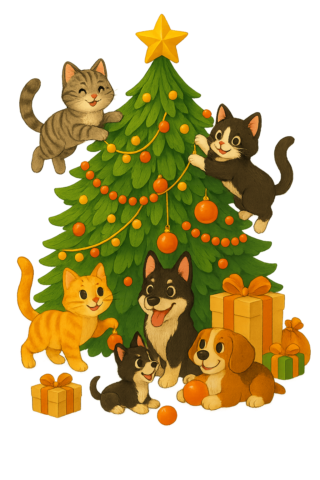 Decorated Christmas tree with playful pets and gifts